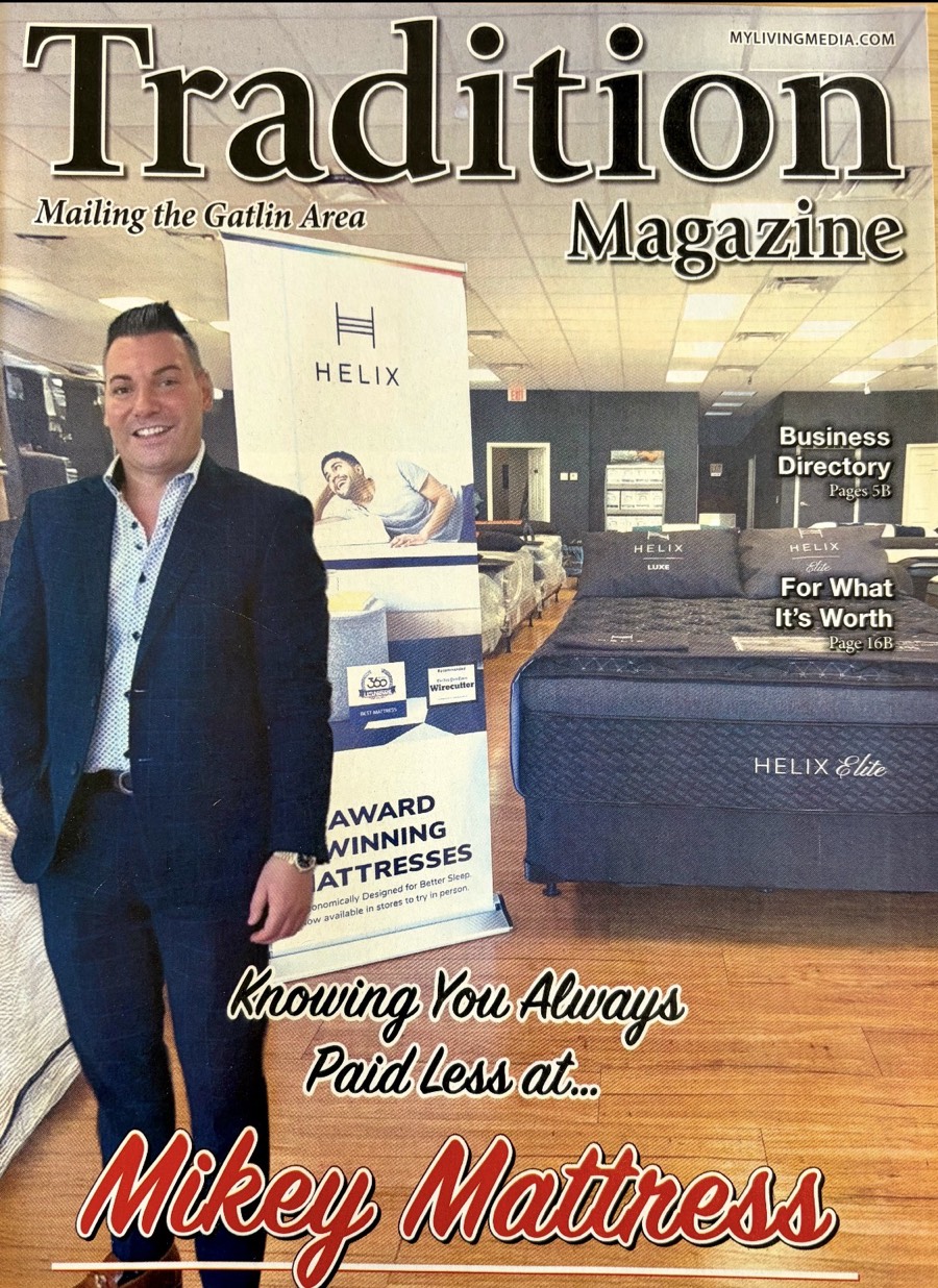 My Living Media monthly advertising edition cover featuring Mike — Knowing You Always Paid Less at Mikey Mattress